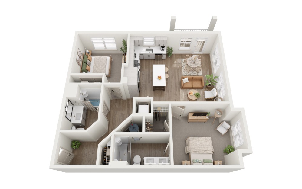 B1 - 2 bedroom floorplan layout with 2 baths and 1050 square feet.