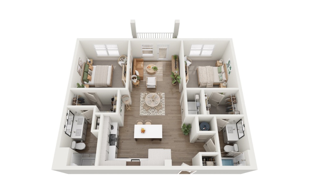 B2 - 2 bedroom floorplan layout with 2 baths and 1055 square feet.