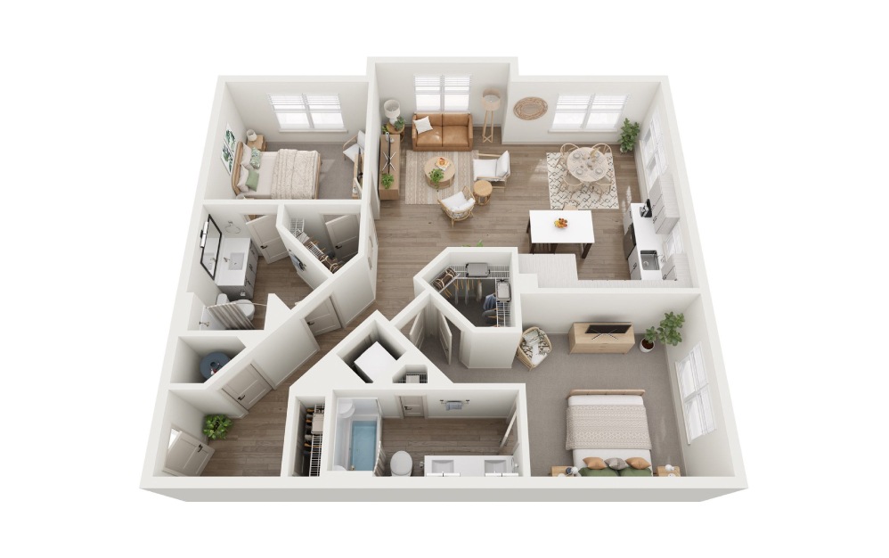 B3 - 2 bedroom floorplan layout with 2 baths and 1058 square feet.