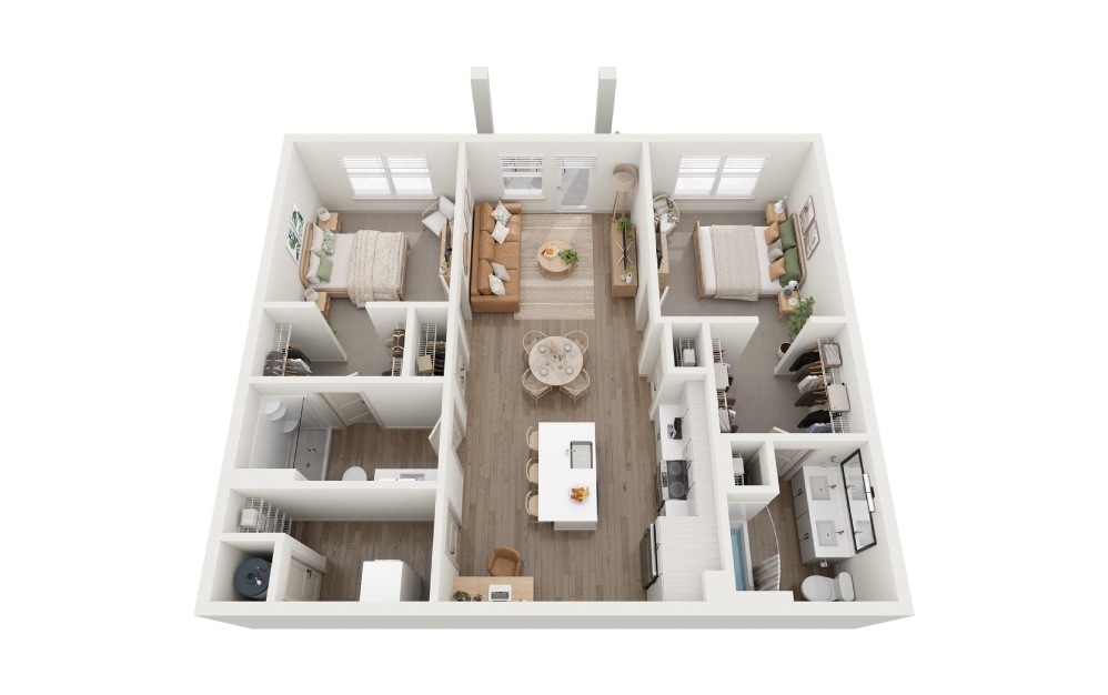 B7 - 2 bedroom floorplan layout with 2 baths and 1155 square feet.