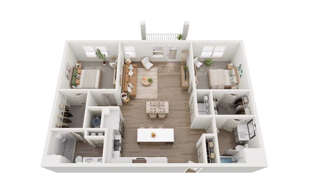 B8 - 2 bedroom floorplan layout with 2 baths and 1232 square feet.