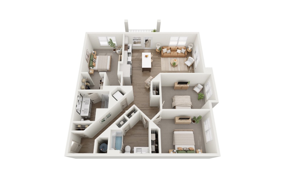 C1 - 3 bedroom floorplan layout with 2 baths and 1380 square feet.